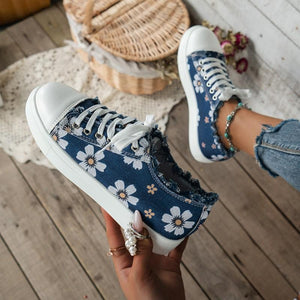 Women's Orthopedic Floral Printed Canvas Shoes, Round Toe Lace Up Low Top Sneakers, Casual Flat Walking Shoes