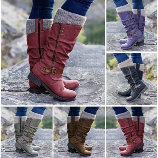 Women’s Leather Flat Heel Mid-Calf Zipper Boots