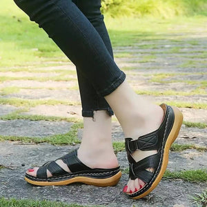Women's Leather Premium Orthopedic Open Toe Sandals, Retro Wedge Heeled Sandals, Criss Cross Cut Out Hook And Loop Fastener Slippers
