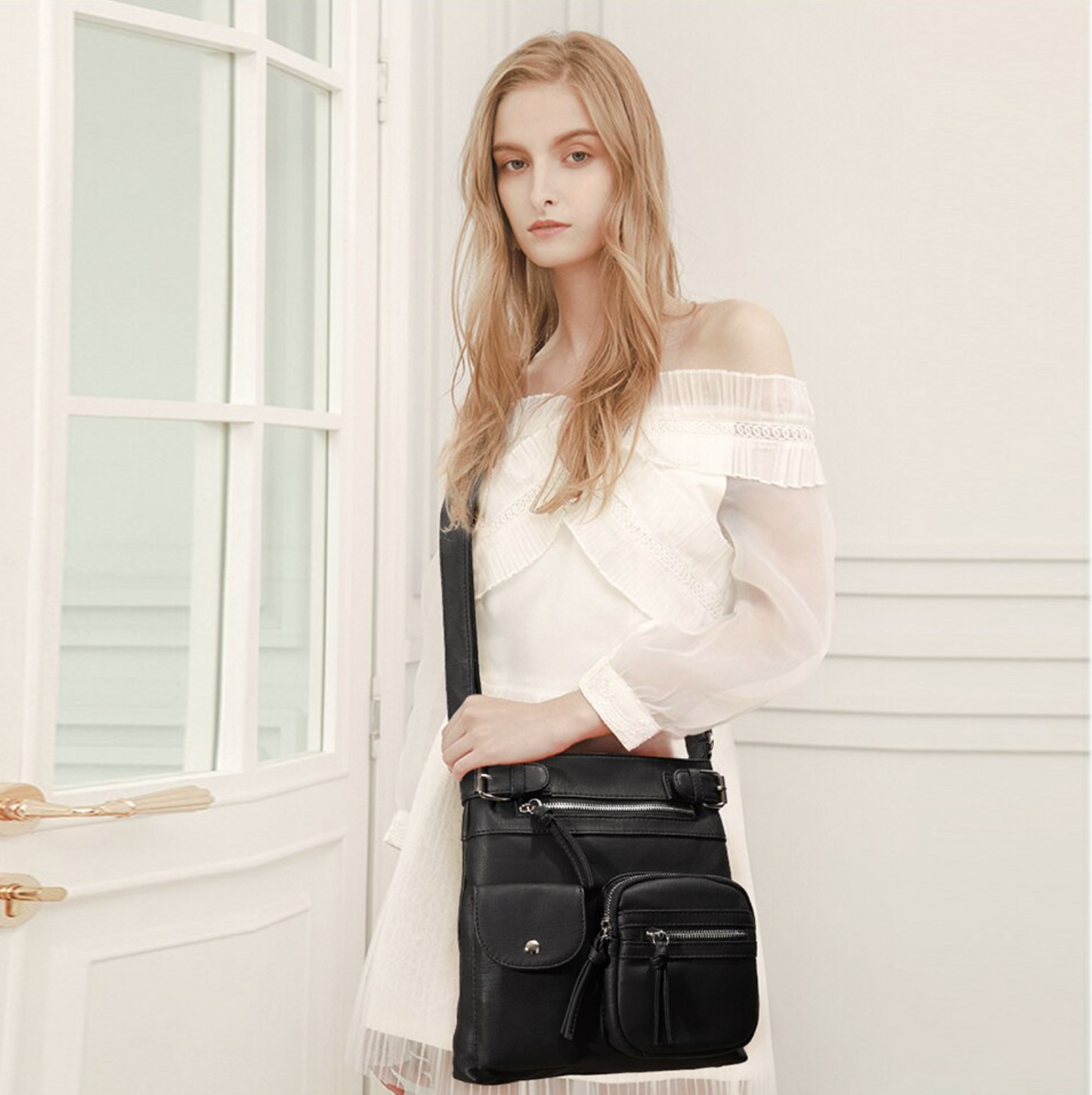 Premium Soft Leather Crossbody Bag, Multi-Pocket Shoulder Bag